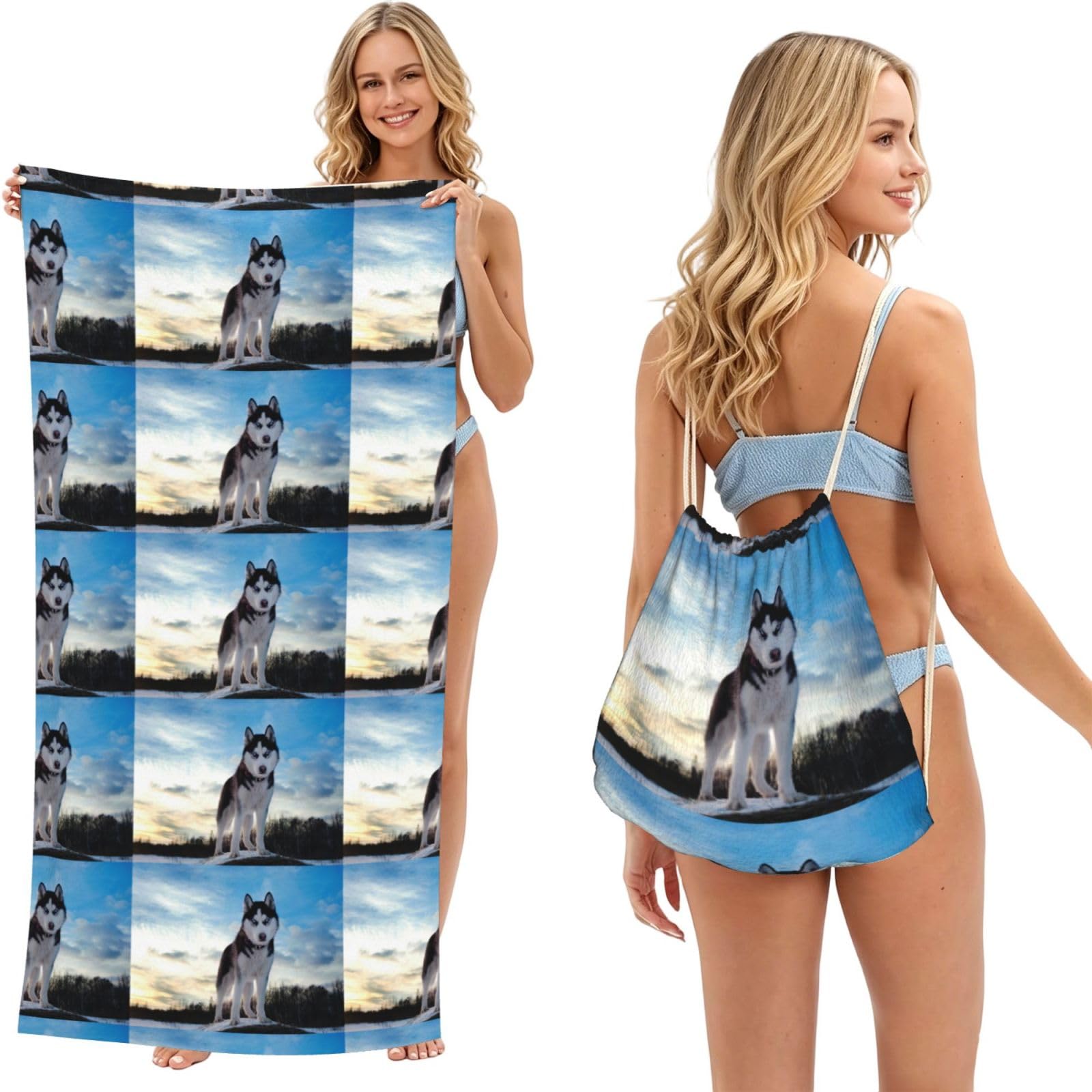 Poadnly As Picture Siberian Husky, 2 In 1 Packable Towel Bag, Beach Towels With Drawstring Backpack For Travel Holiday Camping