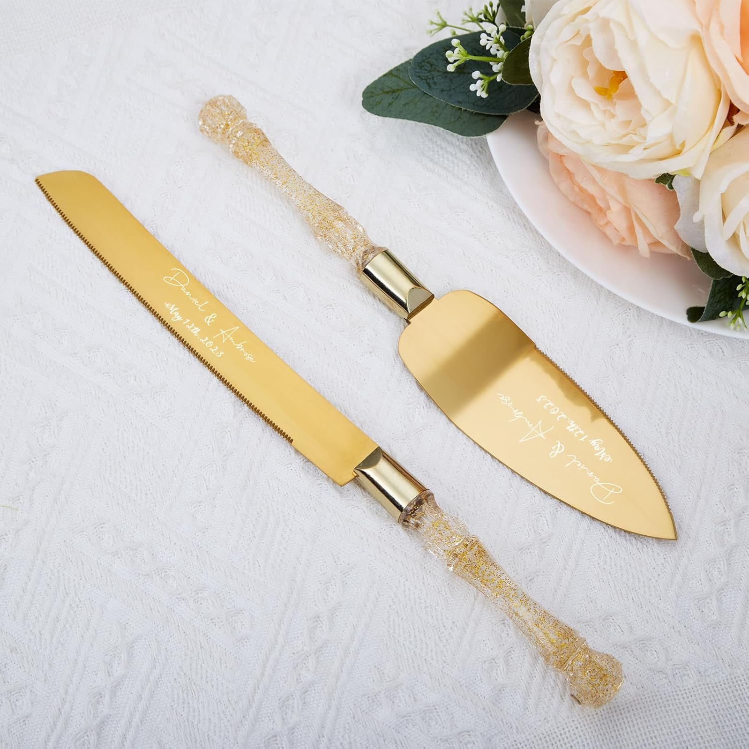 Personalized Cake Knife and Server Wedding Cake Knife and Server Set Gold Cake Cutting Set Custom Wedding Cutlery for a Perfect Cake Cutting Ceremony (C - Luxury Gold Suit)