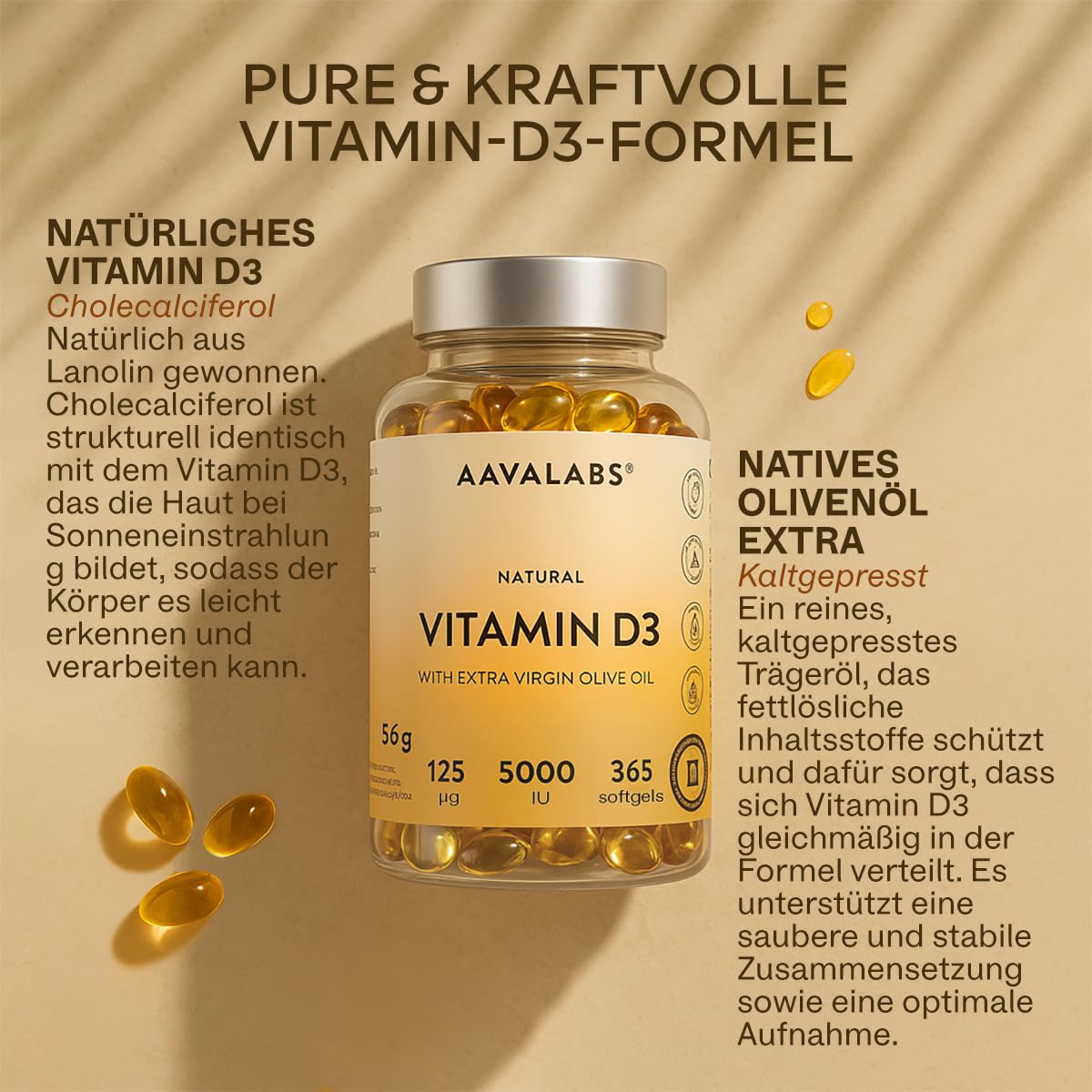 Vitamin D3 Hochdosiert Depot 5000 IU 365 Kapseln - Vitamin D3 5000 IE mit kaltgepresstem nativem Olivenöl Extra für optimale Absorption - Vitamin D Hochdosiert Ohne Gentechnik, glutenfrei, laktosefrei