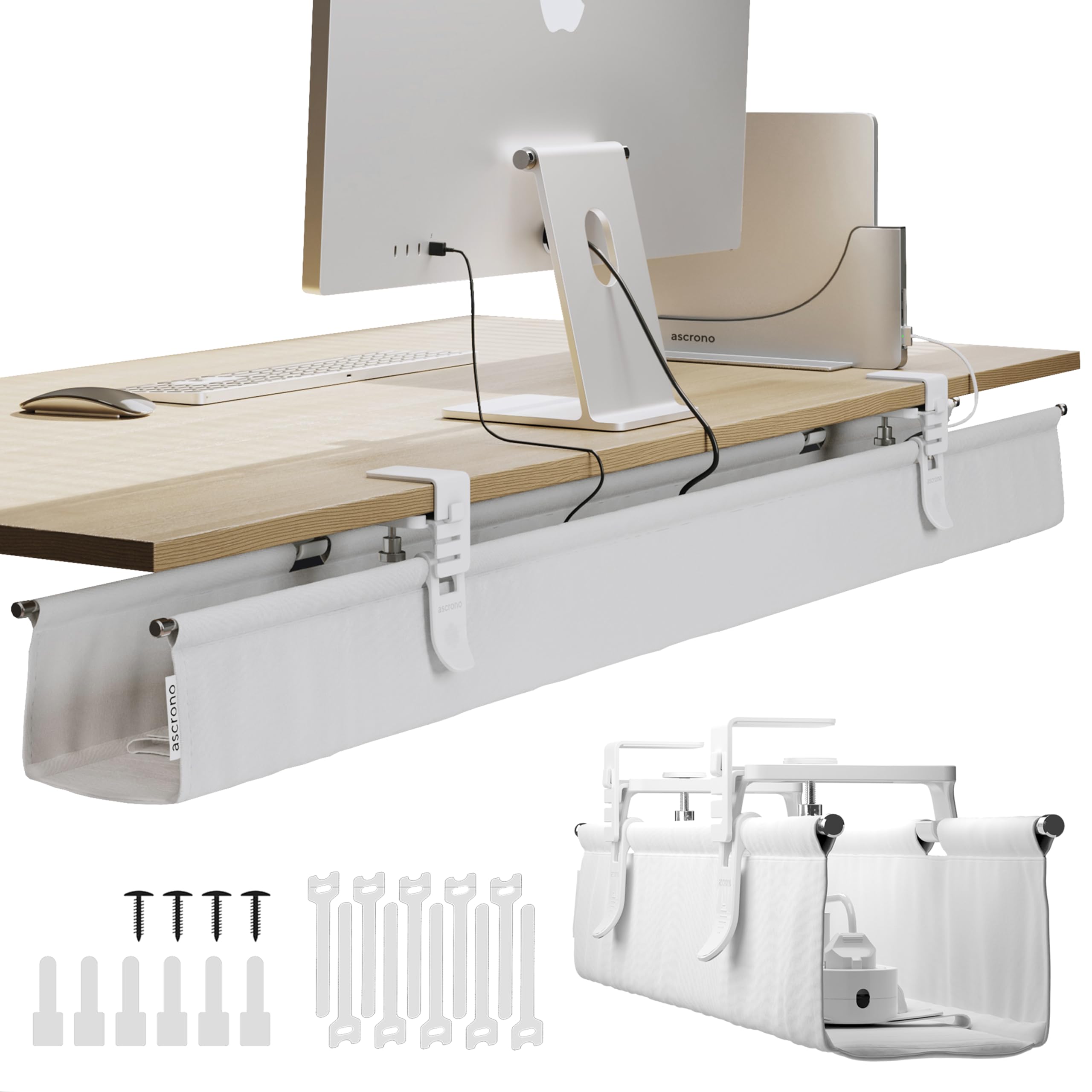 Ascrono Plateau de gestion de câbles sous le bureau original sans perçage 136,9 cm – Tissu blanc de qualité supérieure – Organiseur de cordons à pince/vis – Supporte jusqu'à 30 kg – Taille XL