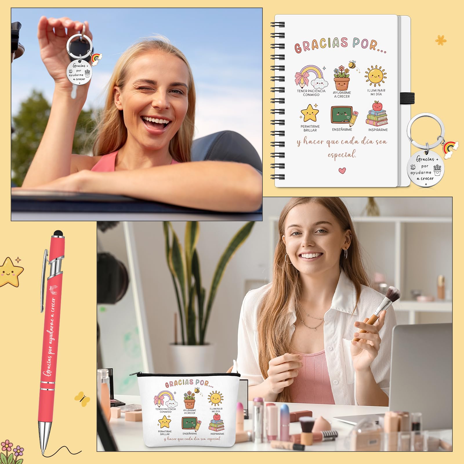 BBTO 4 Piezas Regalos para Profesores Maestra Llavero Bolígrafo Bolsa de Maquillaje Arcoíris y Cuaderno para Día del Maestro Despedida Cumpleaños Agradecimiento Graduación Fin de Semestre(Arcoíris)