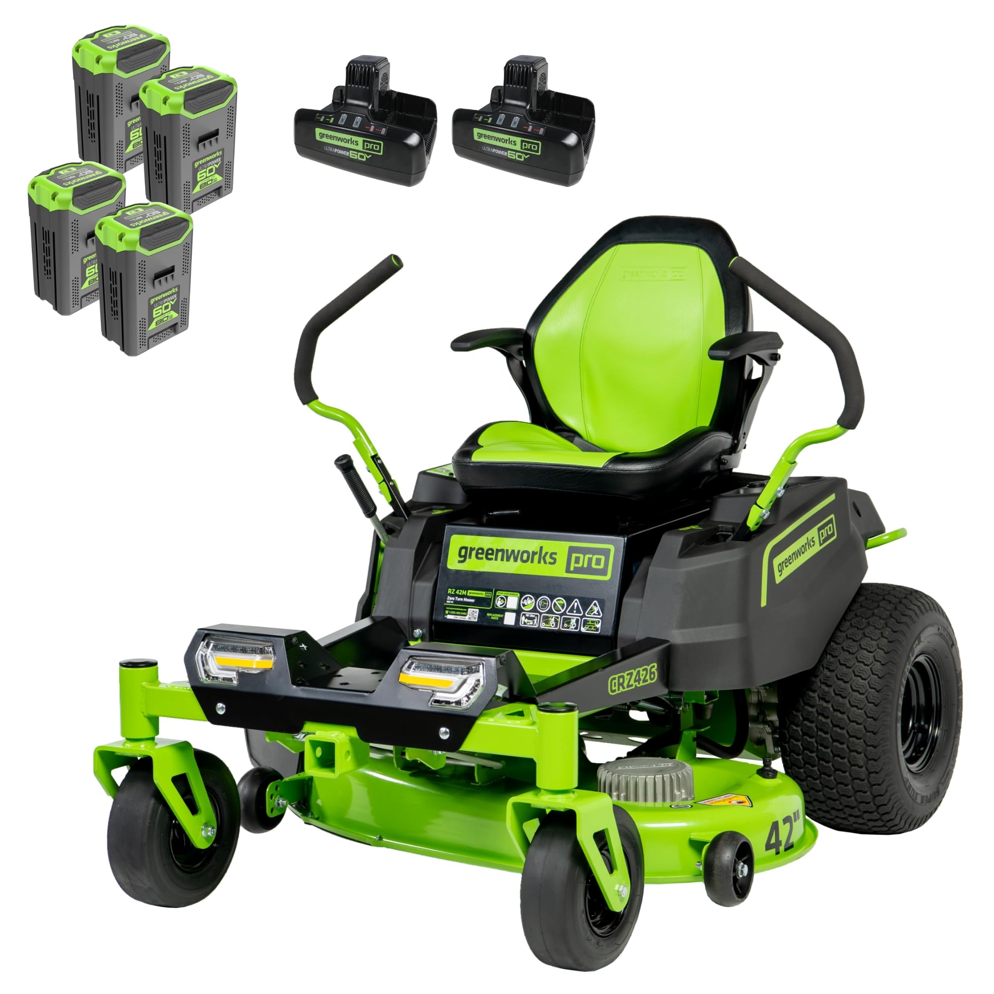 greenworks 60v 42 cordless electric crossoverz zero turn riding mower 4 80ah batteries and 2 dual port turbo chargers