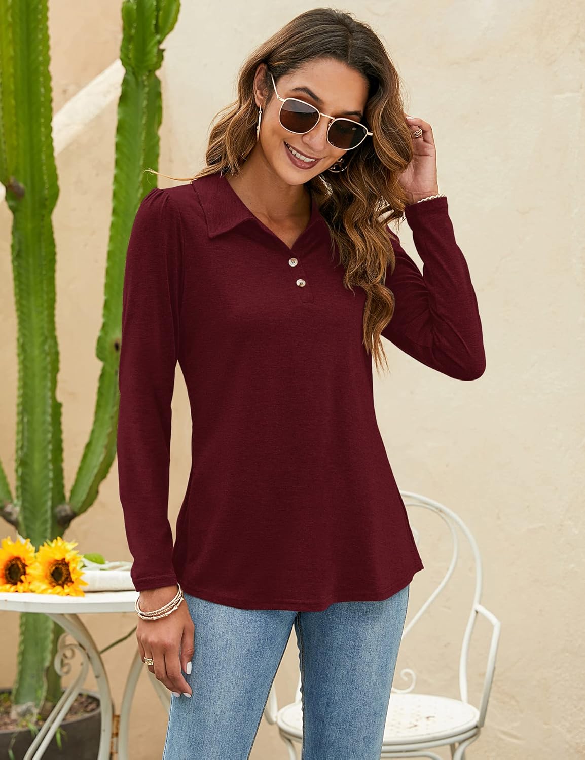 LOMON Womens Polo Shirts Button Down Collared Long Sleeve Tops V Neck Loose Blouses - Image 4