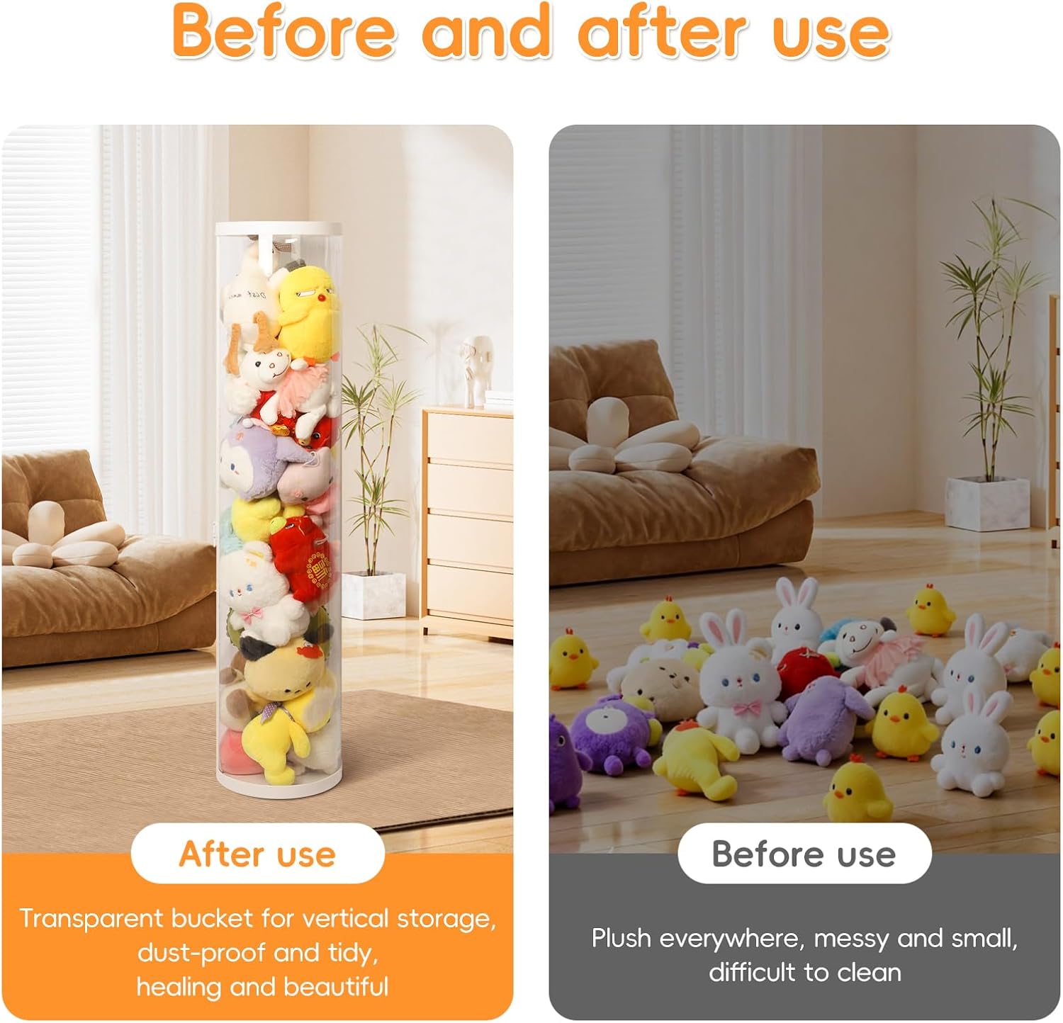Stuffed Animal Storage Tube, 10.2" Tall PET Transparent Bucket with Double Zipper, Space-Saving Stuff Animal Organizer for Bedroom/Living Room/Closet