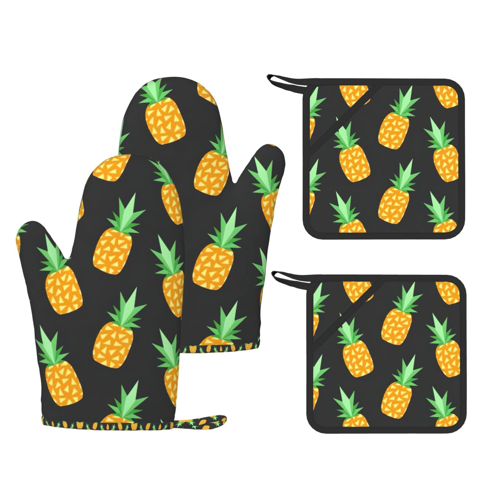 Yellow Pineapple Printed Oven Mitts and Pot Holders Set of 4, Heat Resistant Silicone Gloves for Baking Grilling