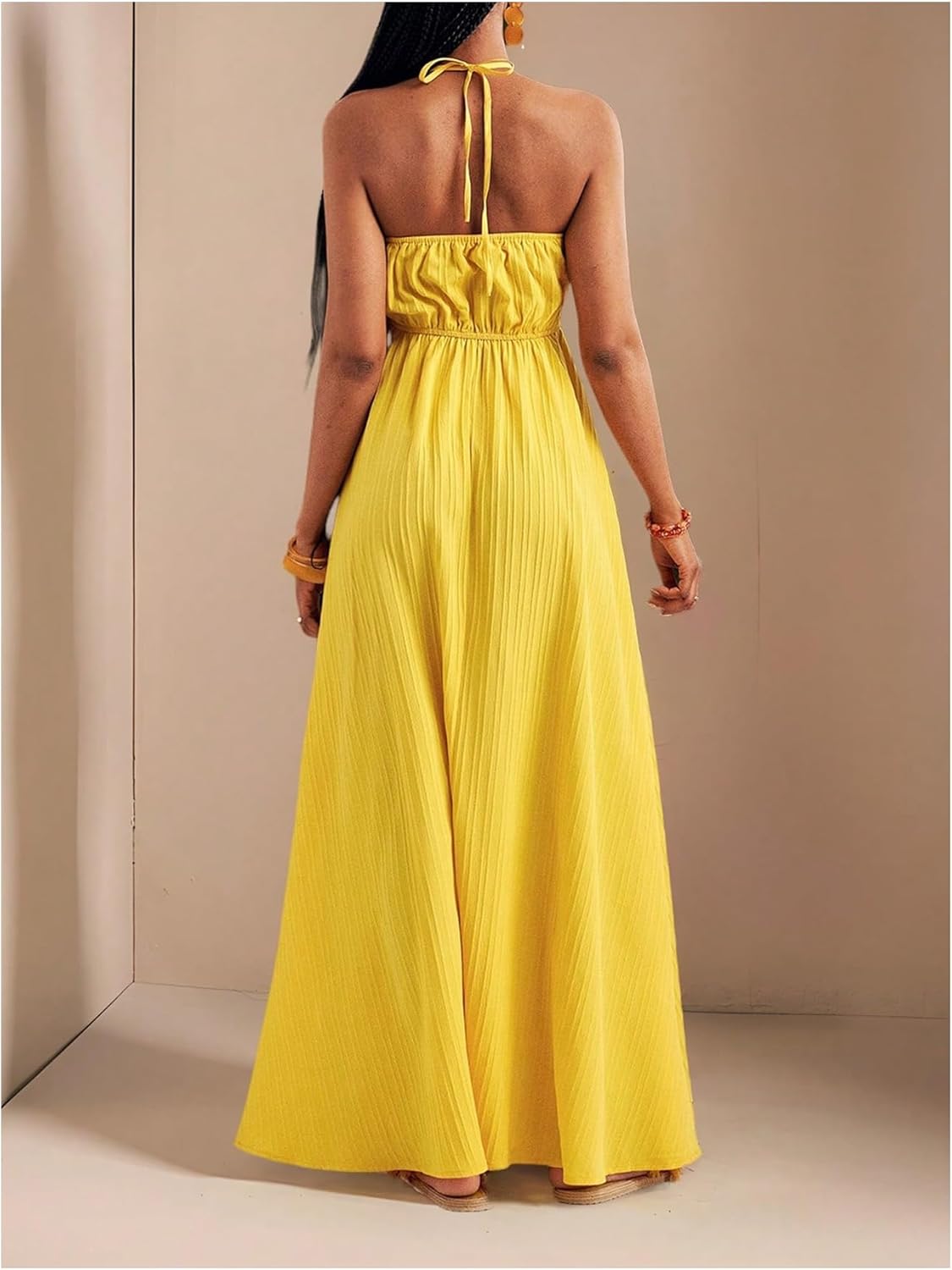 SOLY HUX Women's Summer Halter Maxi Dress Sleeveless V Neck Split A Line Flowy Long Dresses Vacation Sundress - Image 2