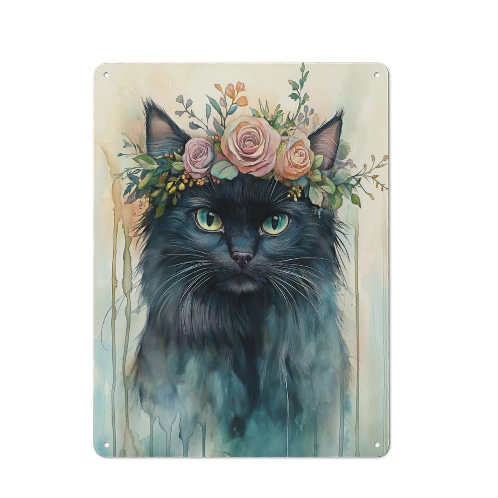 Junmoney Black Cat With Floral Crown Vintage Vintage Metal Sign 40X30cm Featuring Room Wall Plaque For Flat, Dorm Room, Lounge Or Cafe