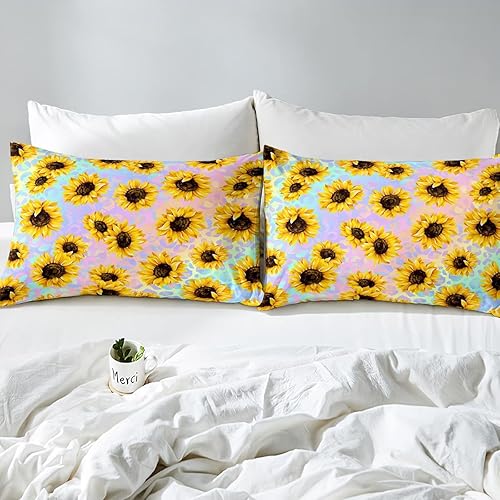 Miniatura 3 de Juego de sábanas de girasoles de granja, tamaño Queen, juego de sábanas con estampado de piel de leopardo y gato grande, decoración de dormitorio de