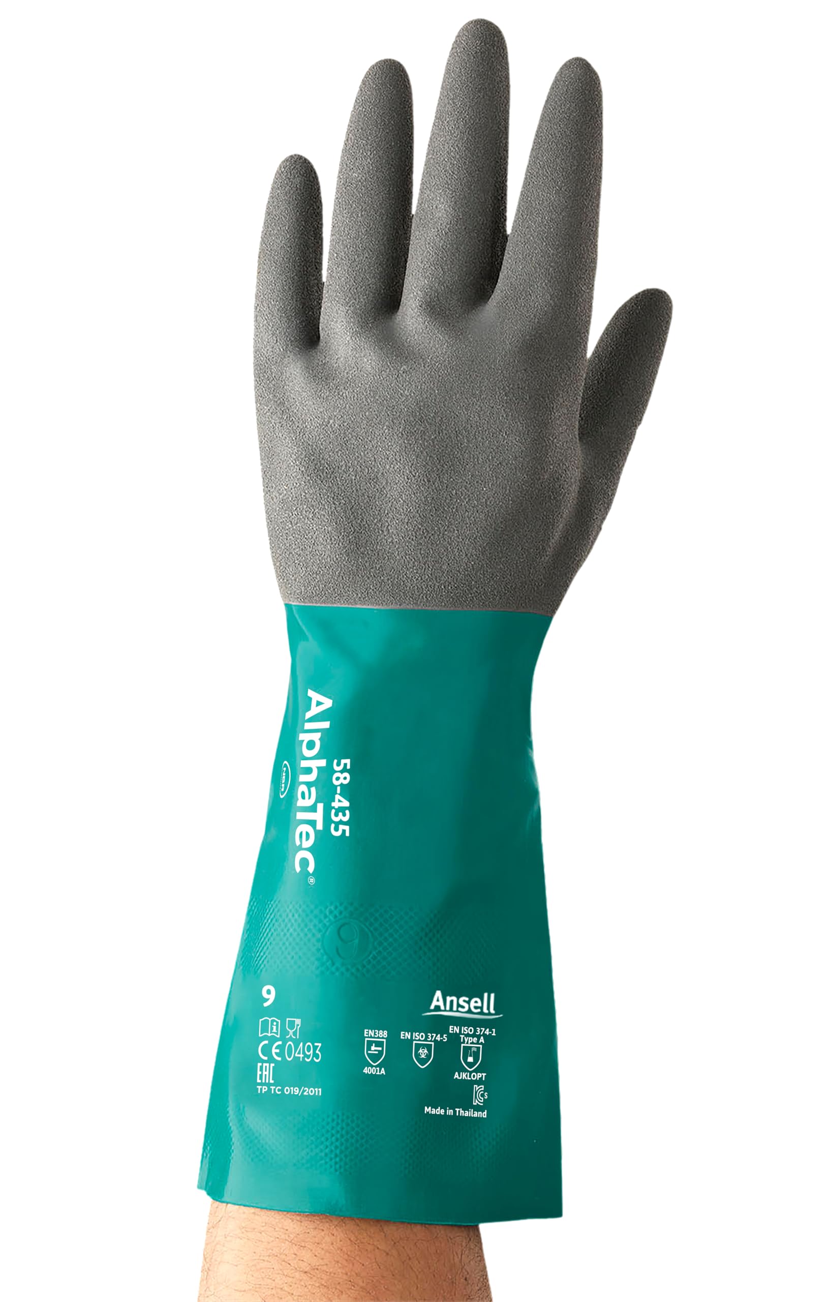 Ansell AlphaTec 58-435 Gants de Travail Chimique, Protection Haute Performance, Enduction Double Couches, Gant Nitrile Impérméable Étanche, Réutilisable, Vert, Taille 2XL (12 Paires)