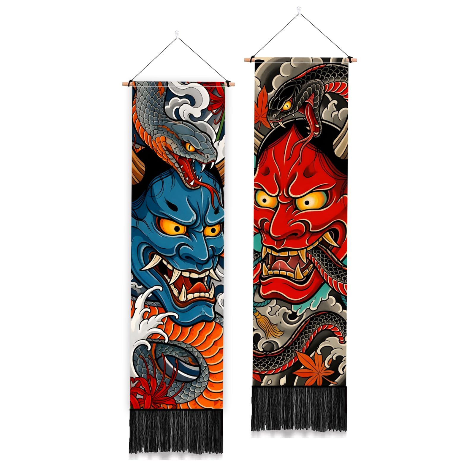 PLIGREAT 2 Pack Japanese Style Long Tapestry, Traditional Oni Demon Art Vertical Wall Tapestry Aesthetic Long Narrow Wall Hanging for Bedroom Living Room Bathroom Office Home Decorations, 130 x 33cm