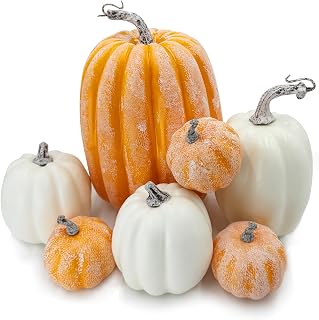 7 Calabazas Artificiales Amarillas y Blancas, decoración de otoño para Acción de Gracias, Halloween, Decoraciones de Festivales navideños