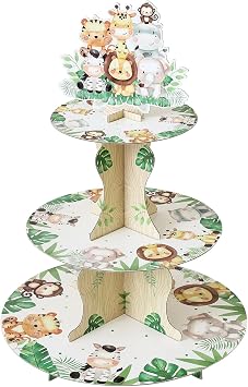 Soleebee 3-Tier Round Cupcake Stand, Cardboard Cupcake Tower, Dessert Cup Cake Stand Tower for Baby Shower Birthday Camping Safari Theme Party Decoration, Cupcake Tier Stand 1 Set Cute Animals