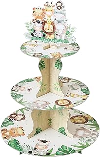 Soleebee 3-Tier Round Cupcake Stand, Cardboard Cupcake Tower, Dessert Cup Cake Stand Tower for Baby Shower Birthday Camping Safari Theme Party Decoration, Cupcake Tier Stand 1 Set (Cute Animals)