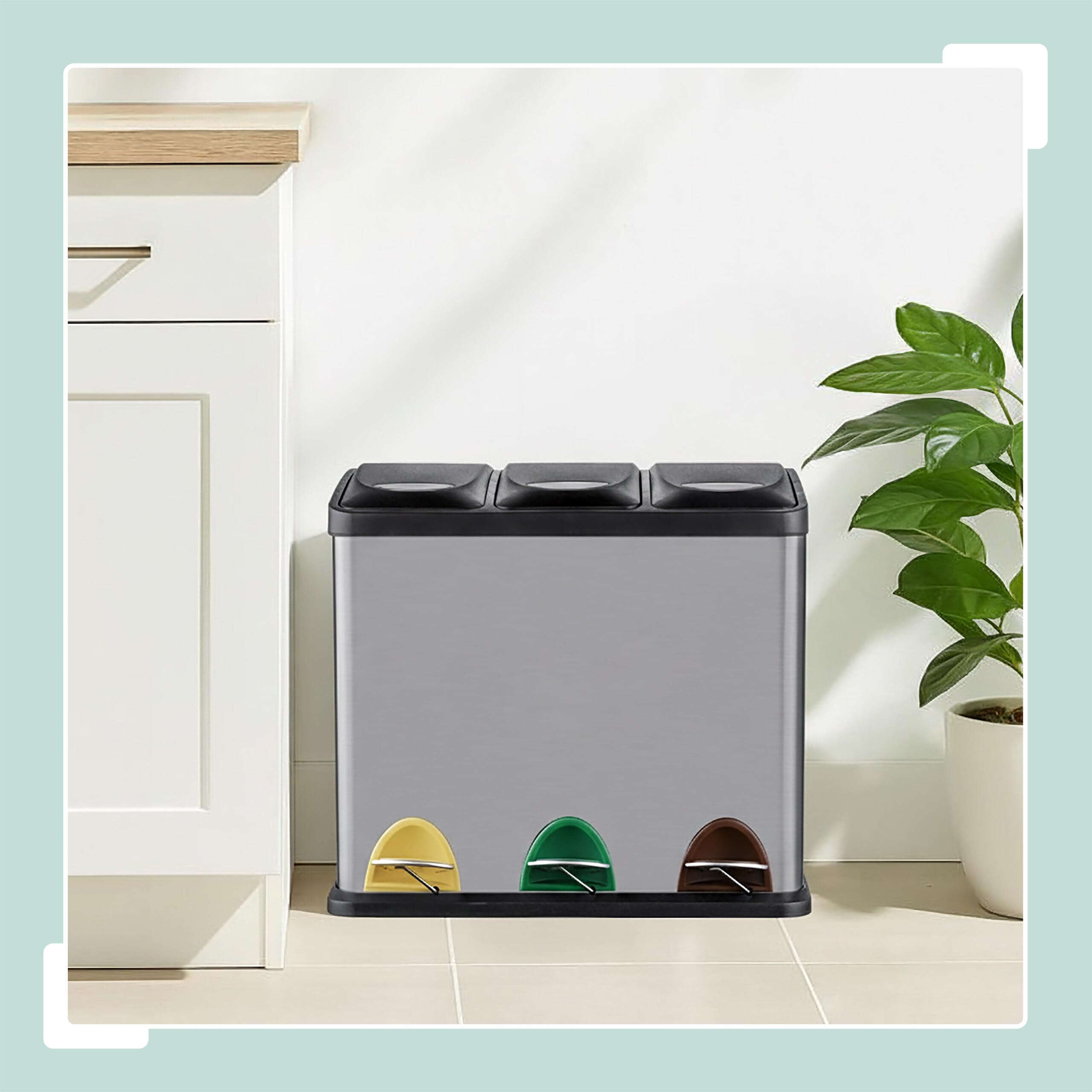 Cubo de Basura Relaxdays, 3 Compartimentos, 24 l, con Pedal, Separador para Cocina, 39,5 x 46 x 26,5 cm, Acero, Plateado