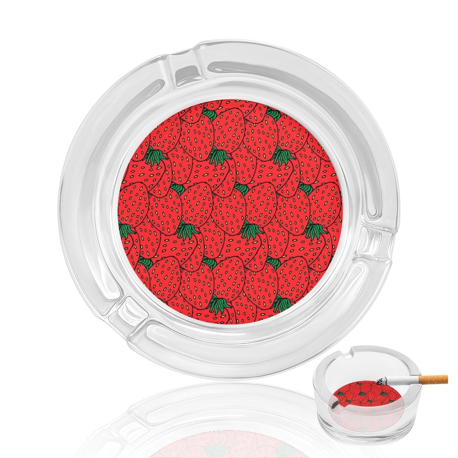 Red Strawberry Pat Glass Ashtray 3.3 Inch Round Cigarette Ash Holder with 4 Grooves for Home Office Outdoor One Size