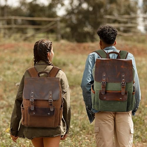Miniatura 8 de Modoker Mochila de lona encerada, mochila de cuero para hombres y mujeres, mochila vintage de viaje para laptop de 15.6 pulgadas, mochila retro con