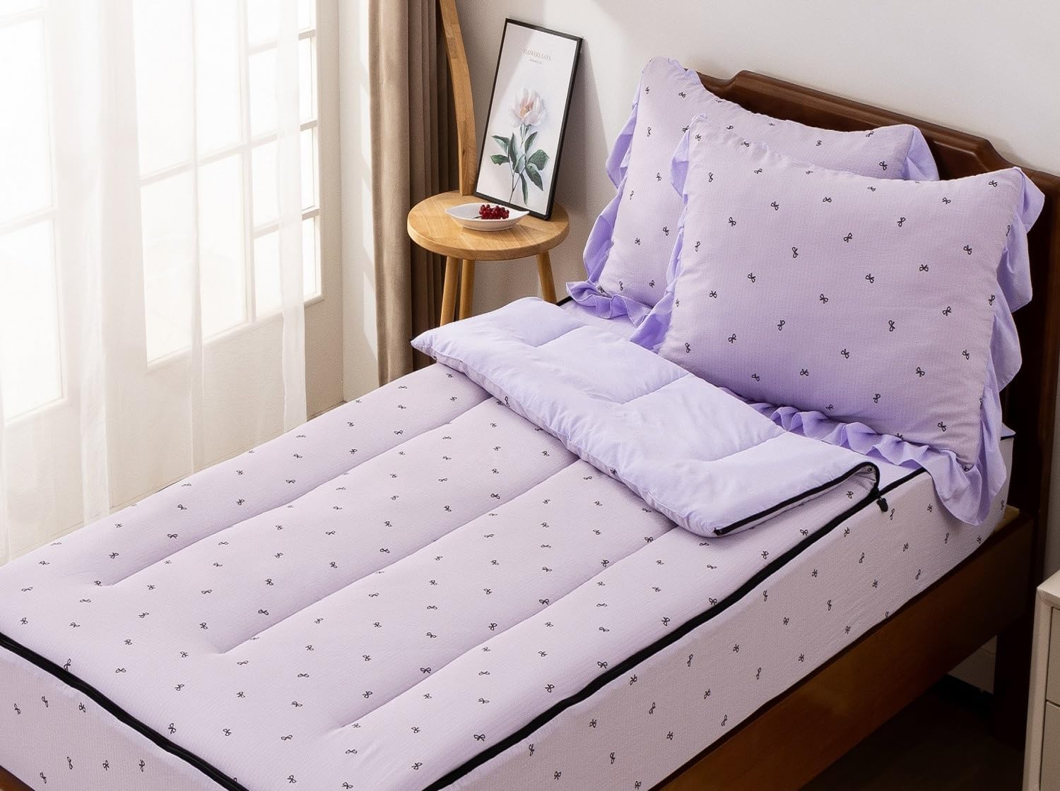 A Nice Night Zipper Bedding Little Bow Printed on Purple Background Zippered Kids Comforter Set,Seersucker Chic Style Ultra Soft,Twin - Image 2