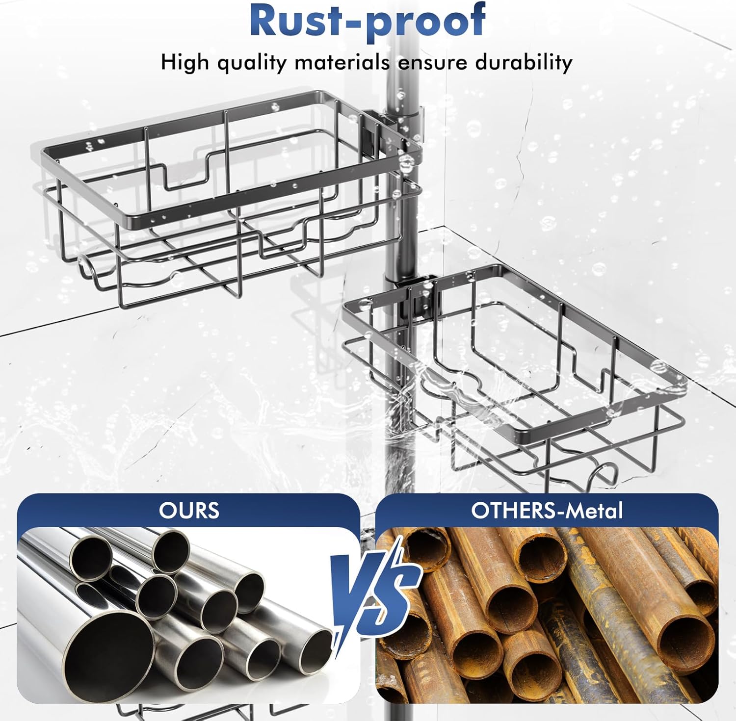 Shower Caddy Organizer Tension Pole, Rustproof 6-Pack Corner Shelf with 30-120 Inch Adjustable Shower Rack for Inside Shower, Extra Towel Bar & Soap Dish for Bathroom Organizers and Storage, Black - Image 3