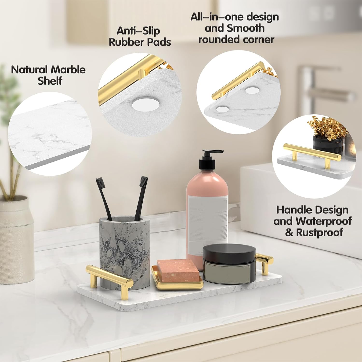 Guest Towel Holder Tray for Bathroom,Marble Slab with Handles -Napkin Holder for Kitchen - Bathroom Tray (Gold,Small) - Image 4