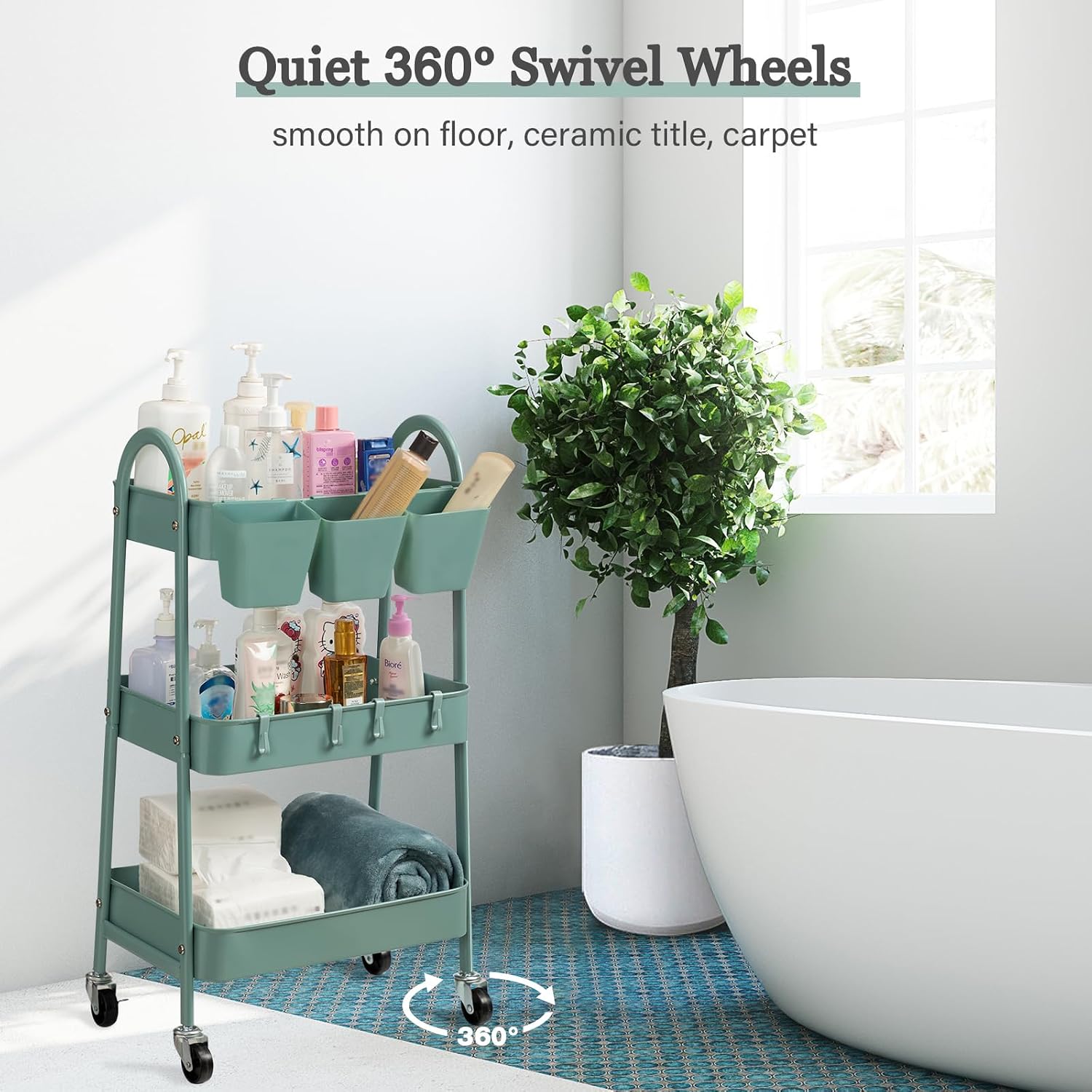 danpinera 3 Tier Rolling Pure Metal Storage Cart wtih Extra Hooks & Cups in 2 pcs (Green & Gray) image 5