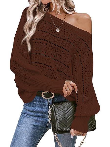 Cakulo Womens Off Shoulder Sweater Top Fall Outfits Fashion 2025 Oversized Knit Batwing Long Sleeve Crochet Pullover Sweaters