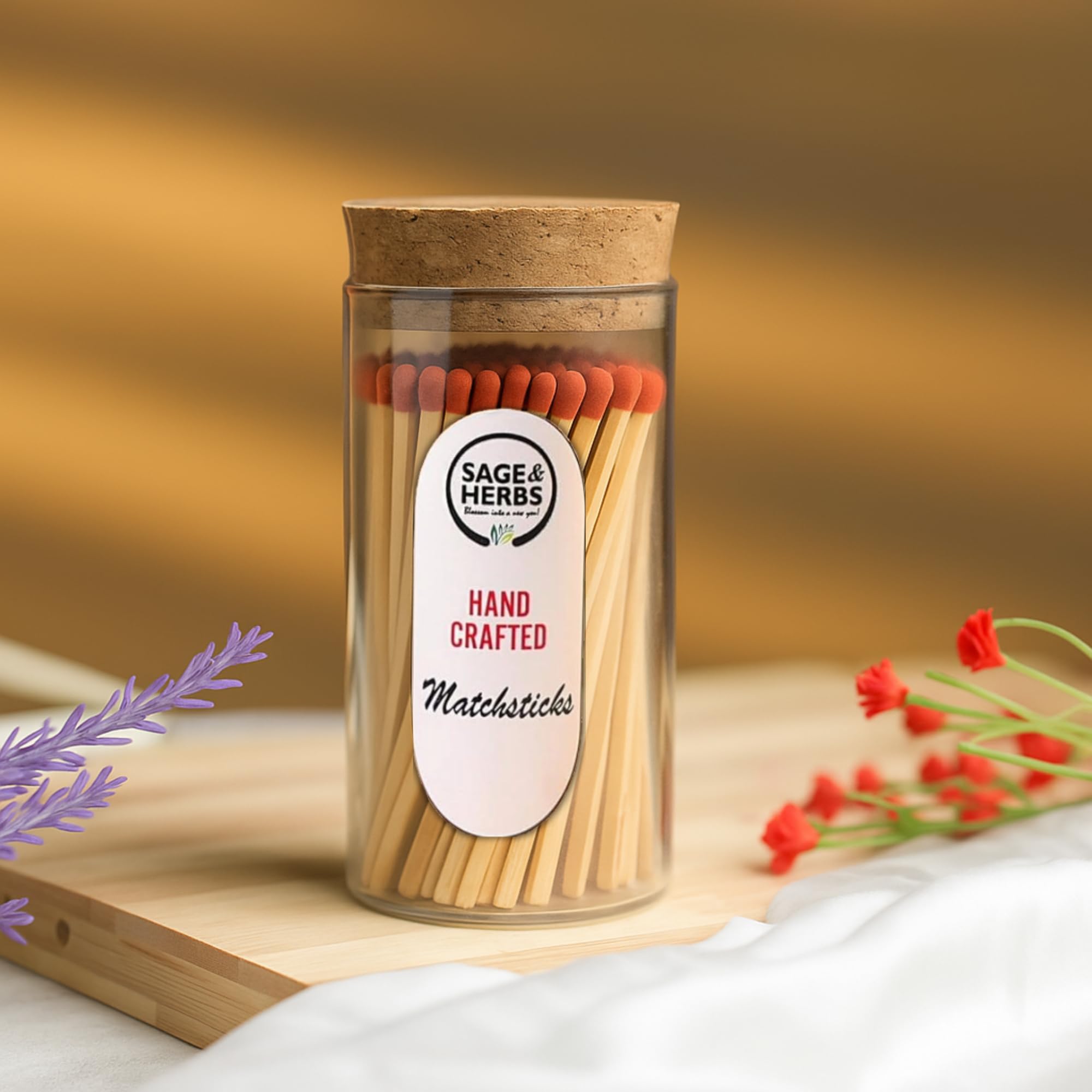 Sage & Herbs Long 65 White Matchsticks in a Borosilicated Cork Jar with Striker| for Fireplace, Kitchen, Home Temple | Extra Long Burn Time Matchsticks | Matchbox Aesthetic Red Color-picture-18
