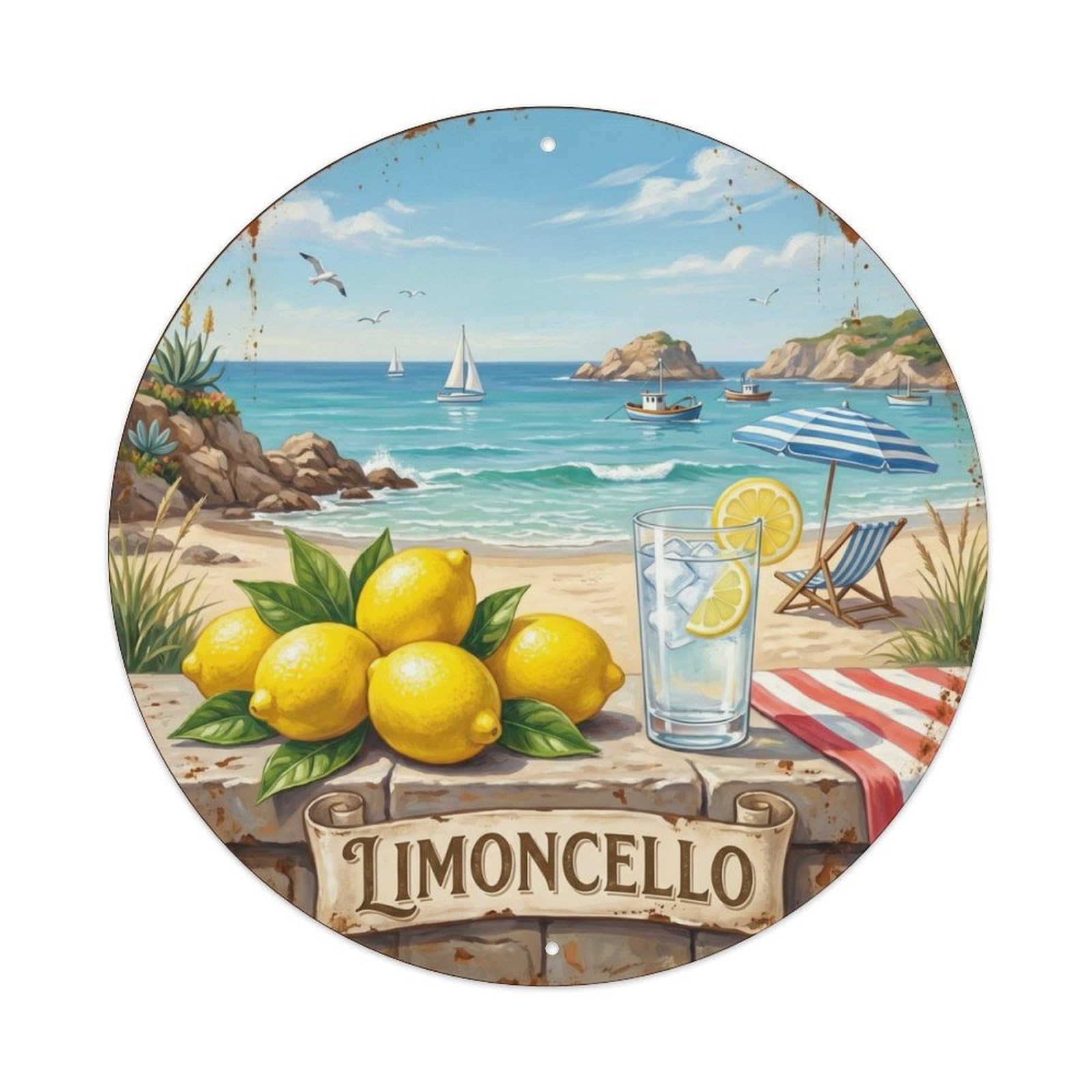 Fqcyn Style Coastal Limoncello Breeze Metal Tin Sign Plaque Wall Decor For Cafe, Club Bar, Office, Home Garden Round Metal Poster 8X8inch