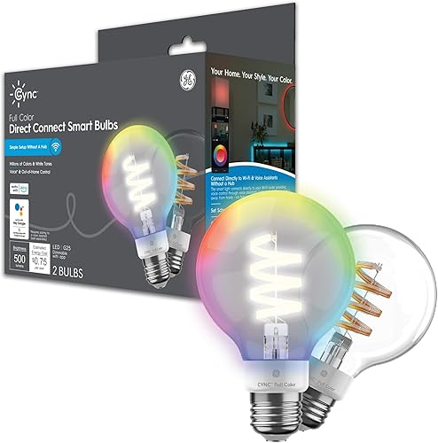 Miniatura 1 de GE CYNC - Bombillas LED inteligentes, cambio de color, Bluetooth y Wi-Fi, funciona con Alexa y Google Home, bombillas G25 Globe (paquete de 2)