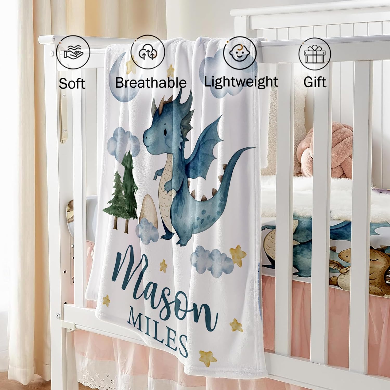 Custom Baby Crib Bedding Set - Blue Dinosaur Design Personalized Name Baby Nursery Bedding 3 Pcs Set - Chic Soft Blanket, Fitted Sheet, Room Rug for Newborns Boys Girls Gifts