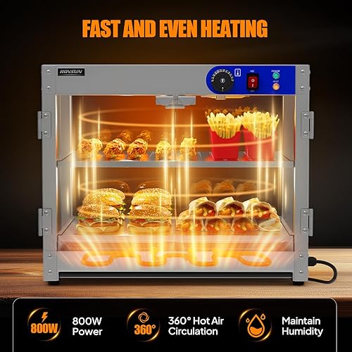 Vista 2 de ROVSUN Calentador de Alimentos de 2 Niveles, Calentador de Pizza, Calentador de Alimentos Comercial con Iluminación LED, Estantes Desmontables