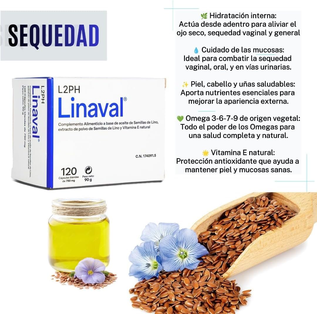 LINAVAL Complemento alimenticio para hidratación profunda de piel, ojos y mucosas (120 cápsulas). Complemento nutricional con Omegas 3-6-7-9 y Vitamina E