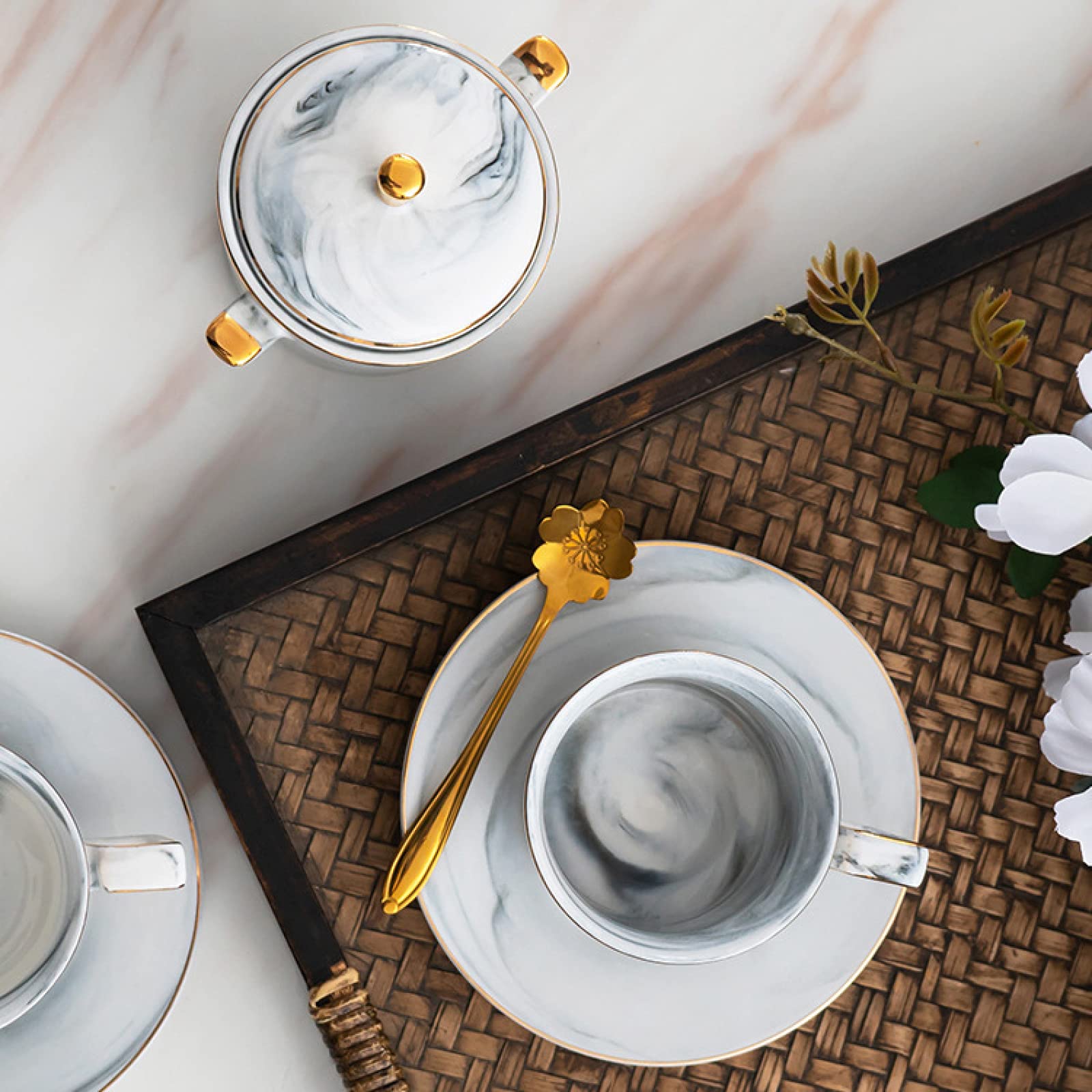 21 szt. Porcelanowe zestawy do herbaty dla dorosłych marmurowy wzór zestaw zakrętek i spodków kawy serwis herbaciany z cukiernicą, dzbankiem na mleko, łyżkami(Grey)