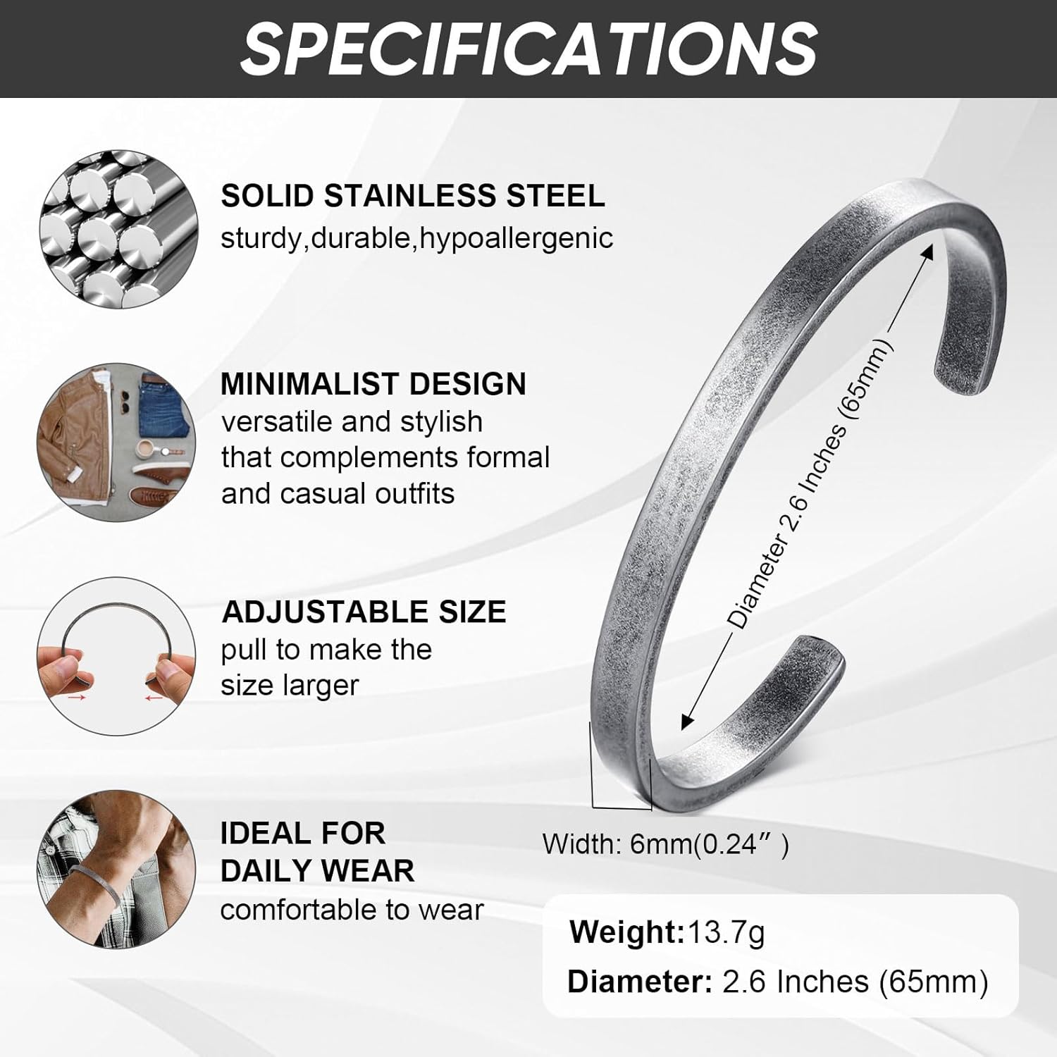MEALGUET Stainless Steel Mens Cuff Bracelet : Minimal Cool Silver/Black/Gold Plated Open Metal Cuff Bangle Bracelets for Men,Mens Bracelet Jewelry Gift - Image 7