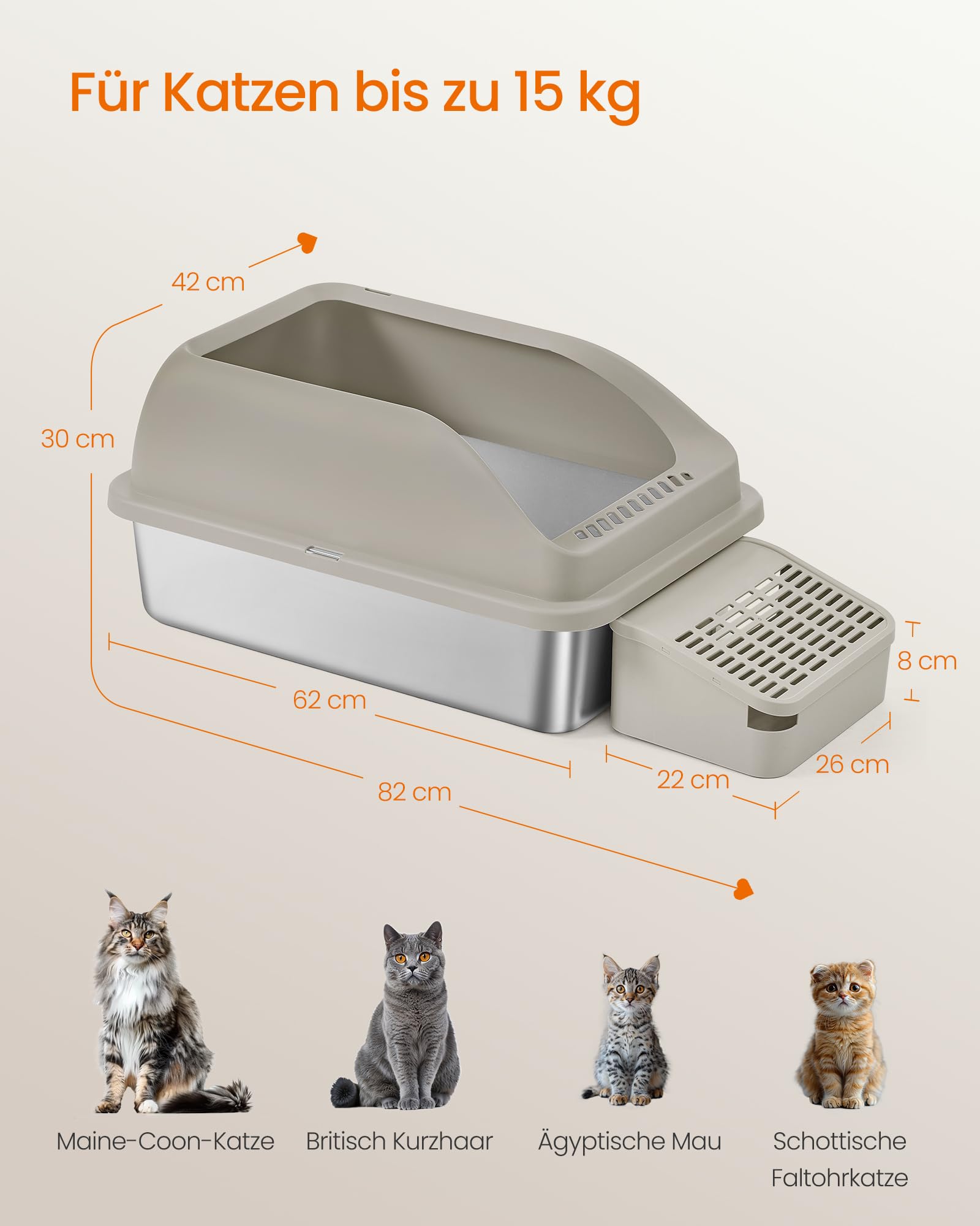 Feandrea Katzenklo Edelstahl XXL, mit Hohem Rand, Treppe und Schaufel | Offene Katzentoilette für Große Katzen, Geruchsneutral, 62 x 42 x 30 cm, Kaffeebraun, BOXAL Kollektion PPT008K101
