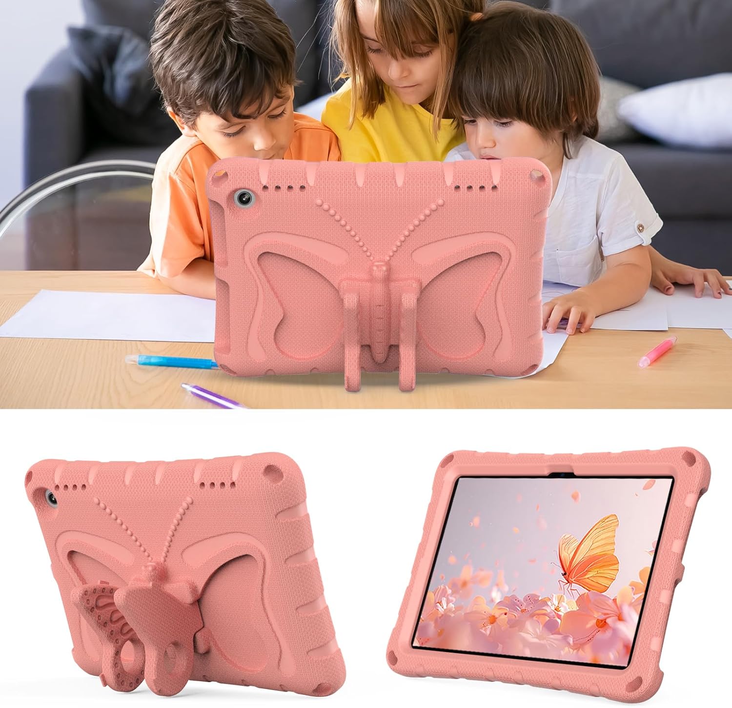 for Kindle Fire HD8 (2020/2022) Kids Girl Tablet Case Butterfly Wings Kickstand EVA Material Light Weight Shockproof Rugged Heavy Duty Kids Case for Kindle Fire HD8 Plus (2020/2022) (Pink)
