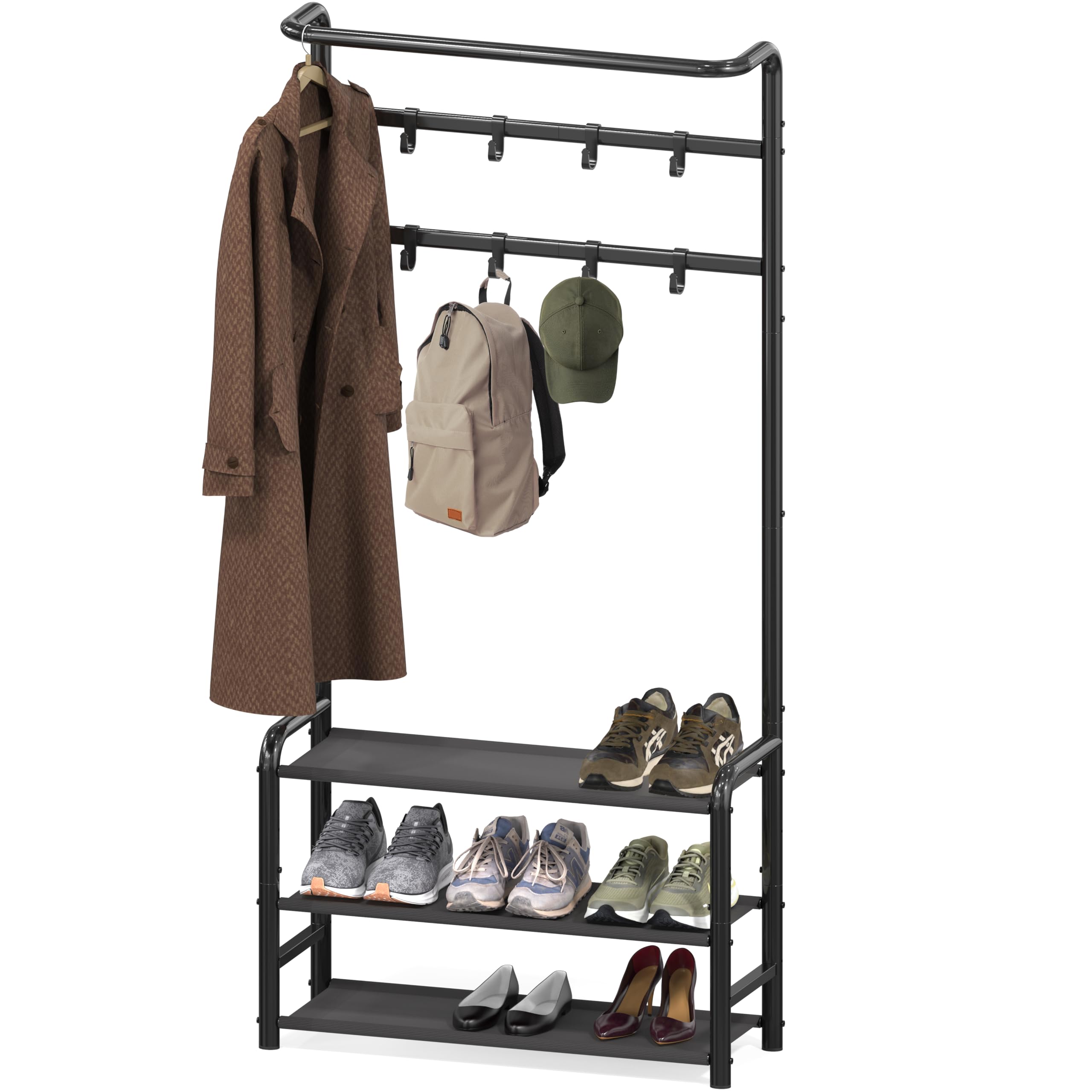 Simple Houseware Coat Rack with Storage Shelf, Freestanding Hall Tree with Hooks for Entryway, Bedroom, Office, Black Metal Clothes Hanger Stand for Coats, Hats, Jackets, Bags - Black