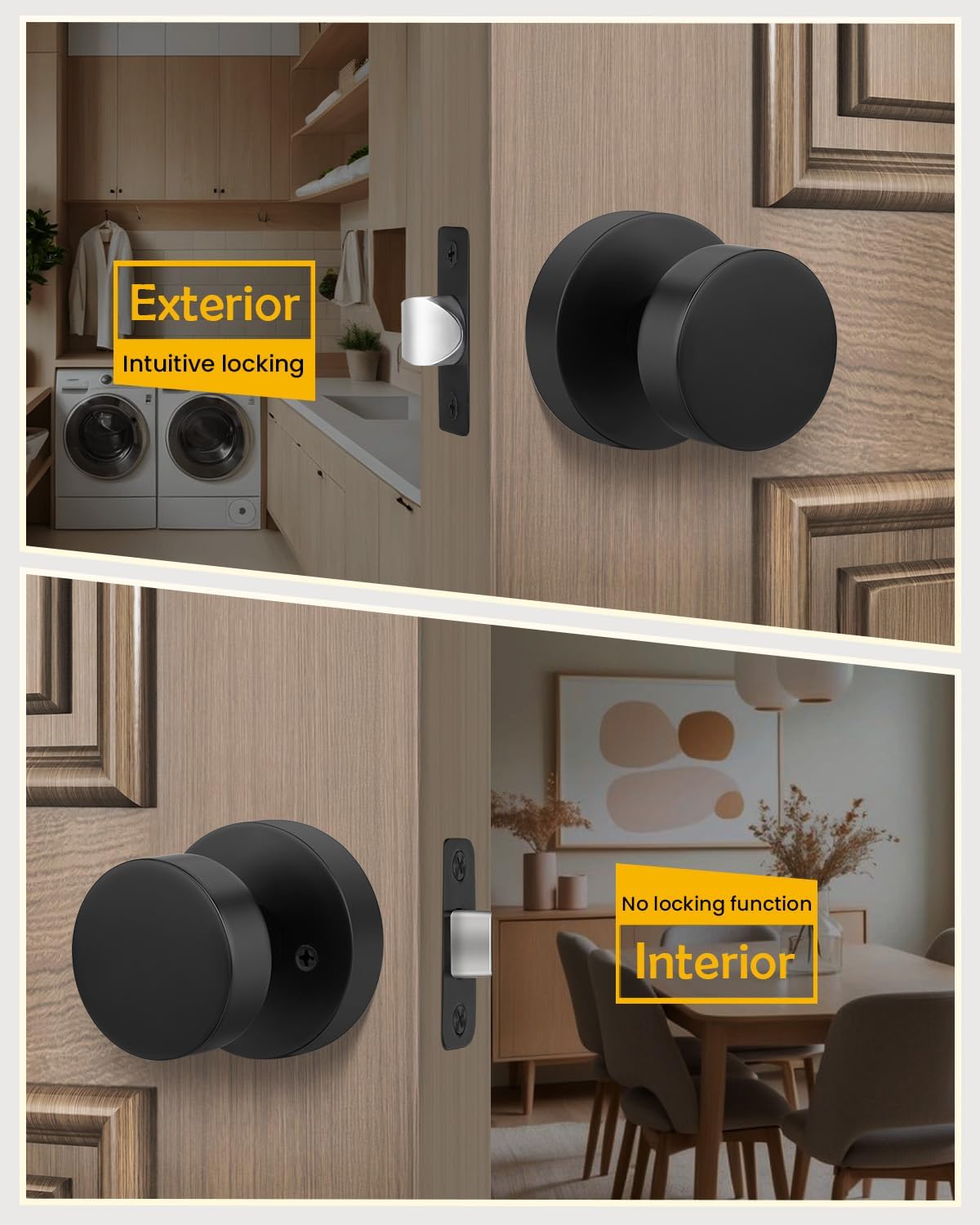 Goldenwarm Black Door Knob Closet, Zinc Alloy Round Ball Matte Black Passage Door Knob for Hallways, Kitchens, Heavy Duty Passage Doorknob Bulk - Modern & Stylish(1 Pack)
