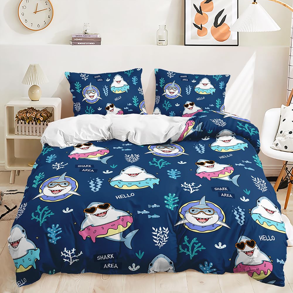 Shark Duvet Cover Set Double Size Kids Boys Girls Bedding Sea Ocean Animal Quilt Cover Set Soft Comforter Cover Set Kids All Season Bedding Set