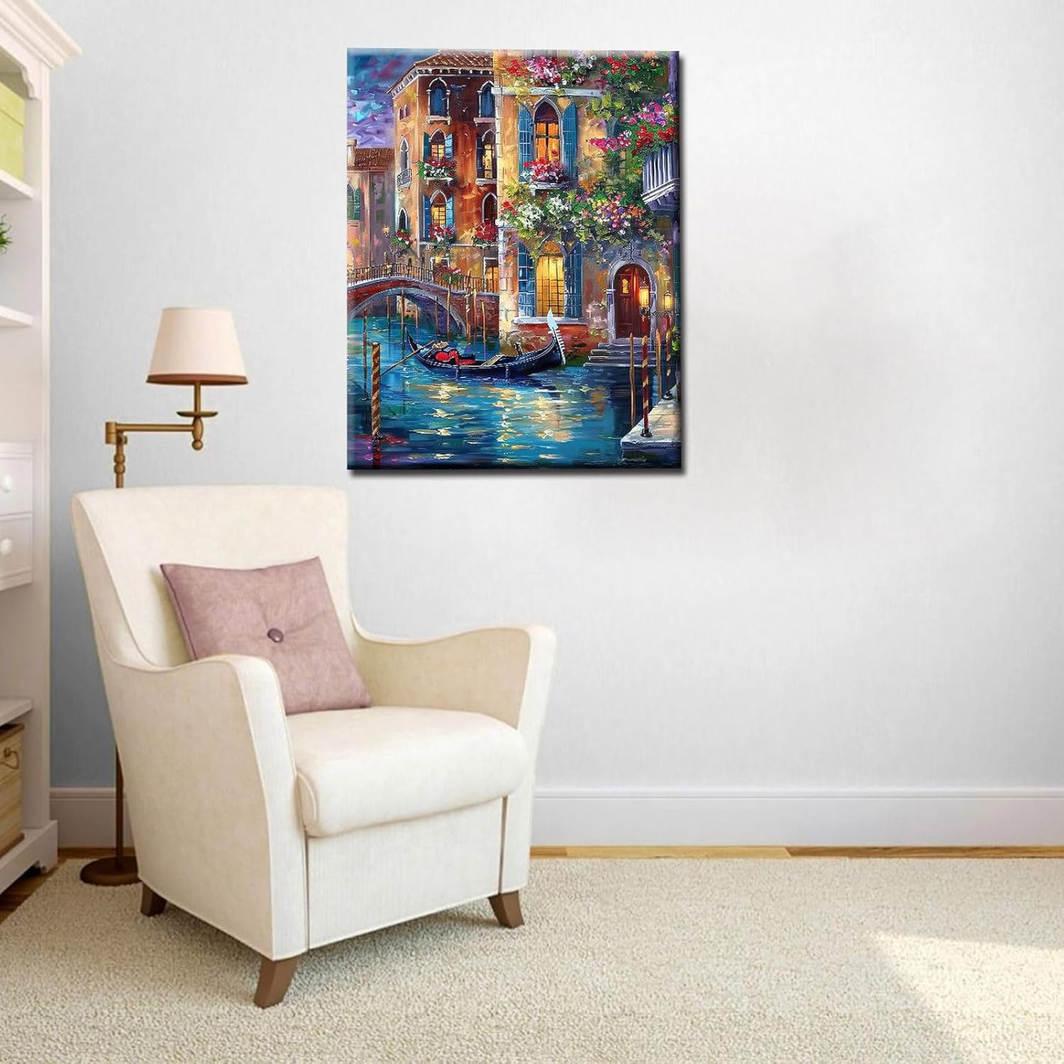 Venice Gondola Landscape Paint by Numbers Kits 16x20 inch Canvas Graffitic Building with Flowers DIY Oil Painting for Adults Beginner, 16''x20' inch Boat Paintwork with Brushes Office Decor(DIY Frame)