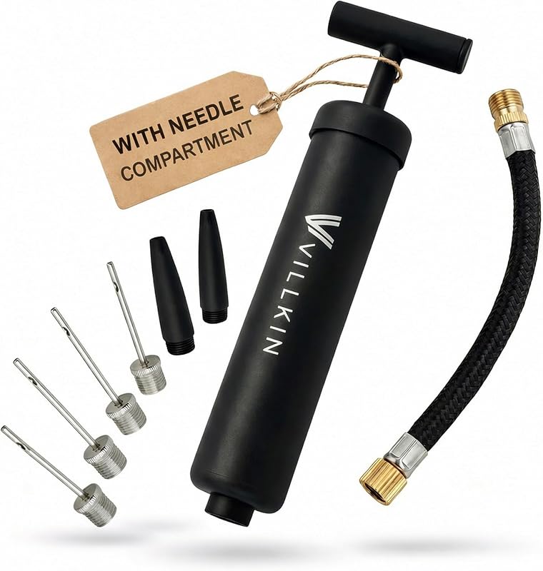 Villkin Ball Pump with Needle Storage in Handle - 4 Metal Needles, 2 Plastic Nozzles, Flexible Hose - for Soccer, Basketball, Volleyball, Handball - Black
