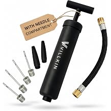 <span>Villkin Ball Pump with Needle Storage in Handle - 4 Metal Needles, 2 Plastic Nozzles, Flexible Hose - for Soccer, Basketball, Volleyball, Handball - Black</span>