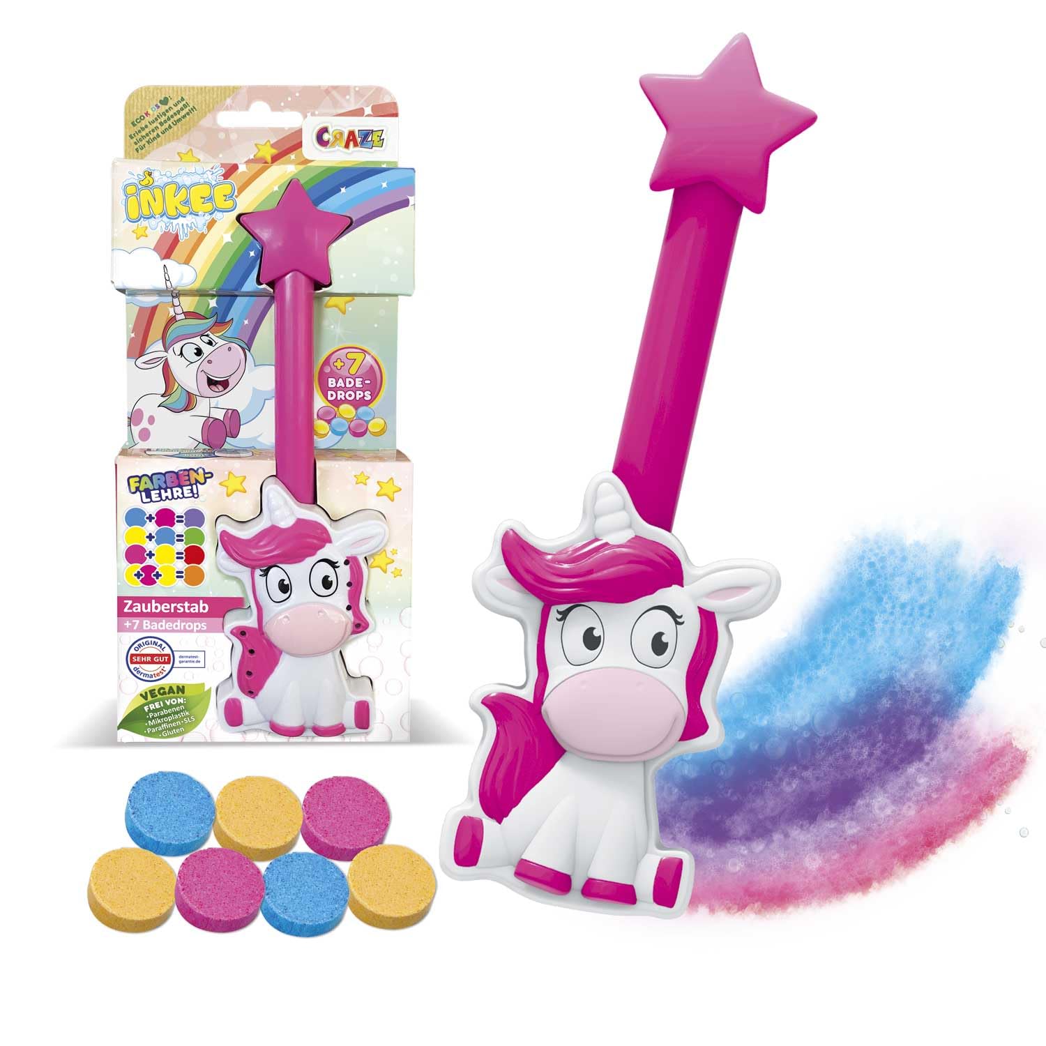 INKEE Wand Unicorn | Einhorn-Zauberstab mit Kinder Badebomben, Badewanne Spielzeug zum Farben Lernen, Erdbeerduft