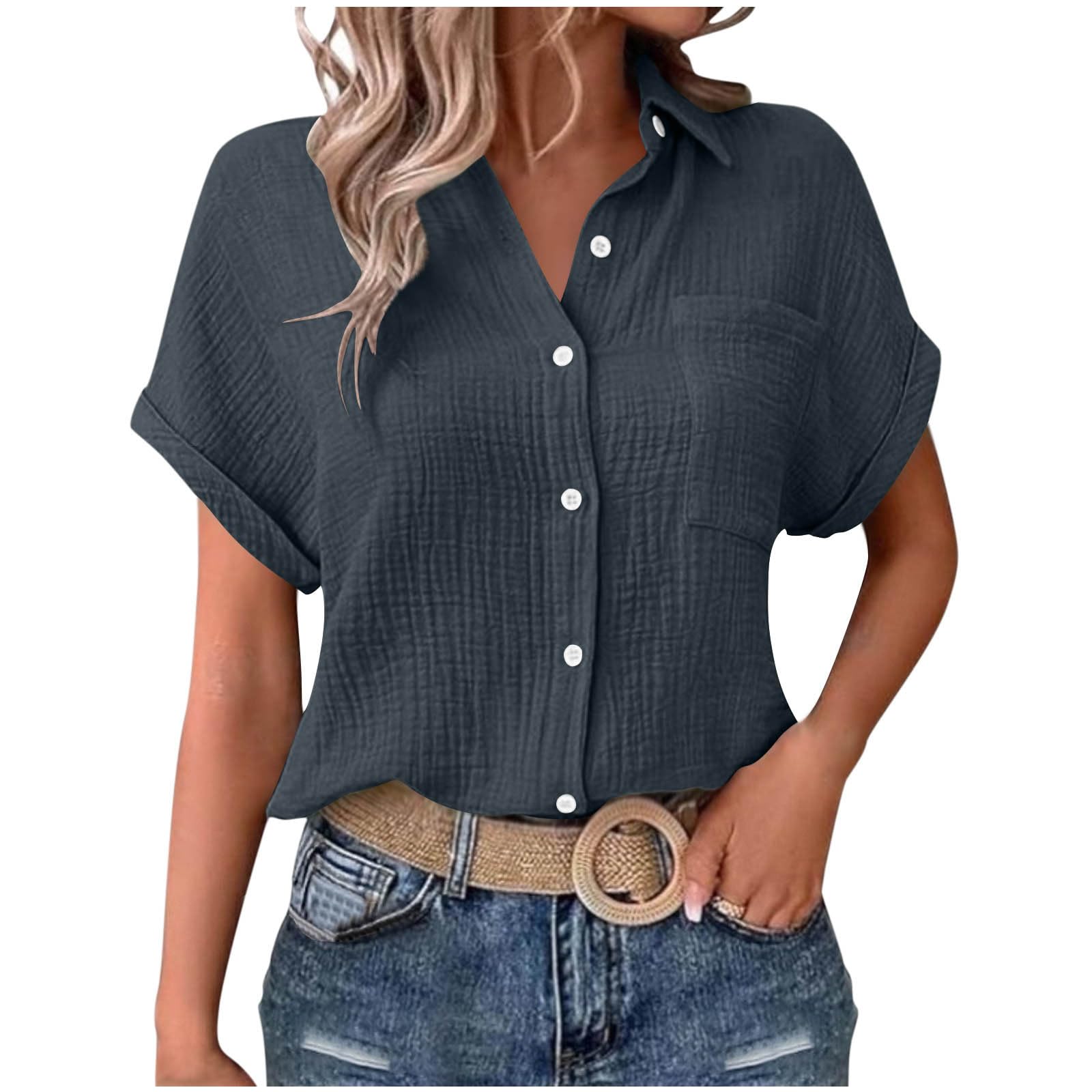 AEGJEGVD Musselin Damen Blusen Elegant Shirt Kurze Ärmel Bluse Mit Kragen Knopfleiste Formelle Arbeitskleidung Lässige Hemden Leinenbluse Flowy Locker Blusen Atmungsaktive Sonnenschutz Oberteil