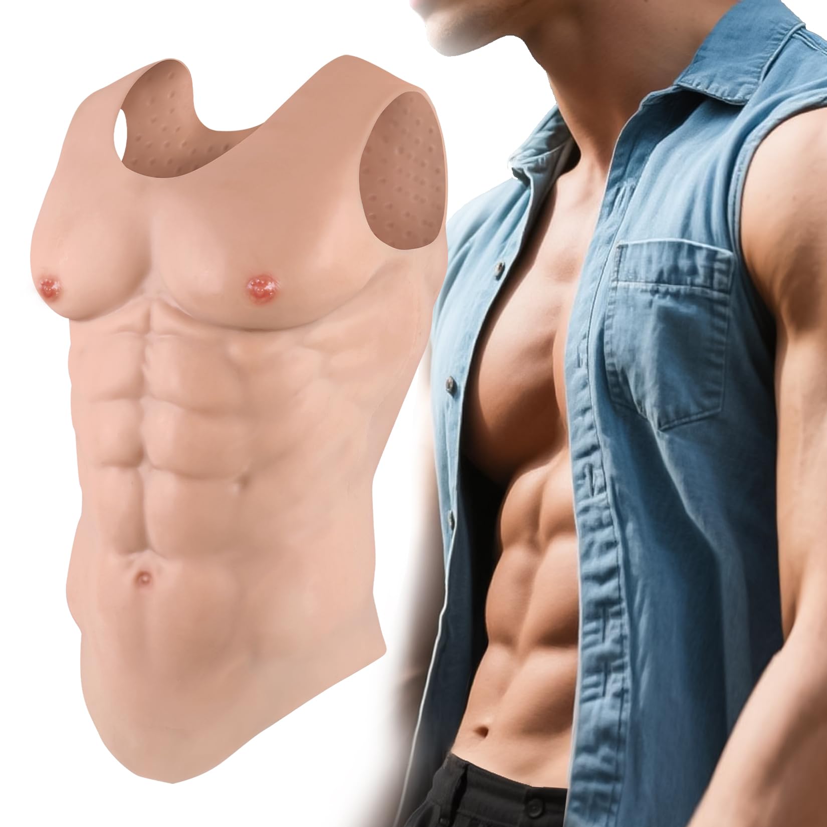 YEEFAIRY Weighted Muscle Suit Vest Realistic Silicone Fake Abs Chest Armour Unisex Bodybuilding Fancy Dress Costume for Theatre Actor Halloween Men & Women LARP Cosplay (Beige, M Size)