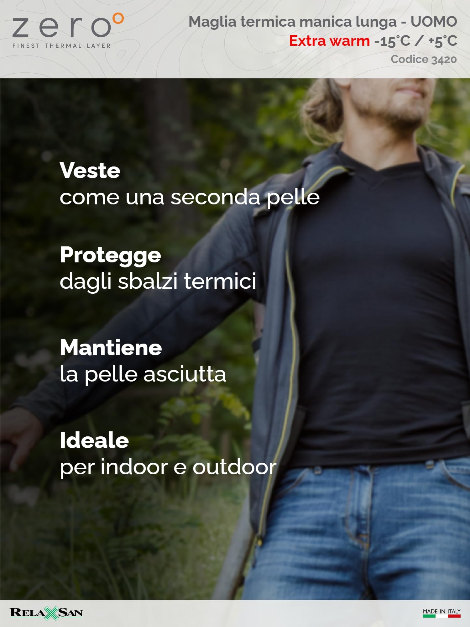 Relaxsan Zero Maglia Termica Uomo Manica Lunga, con Lana Merino, Made in Italy, cod. 3020