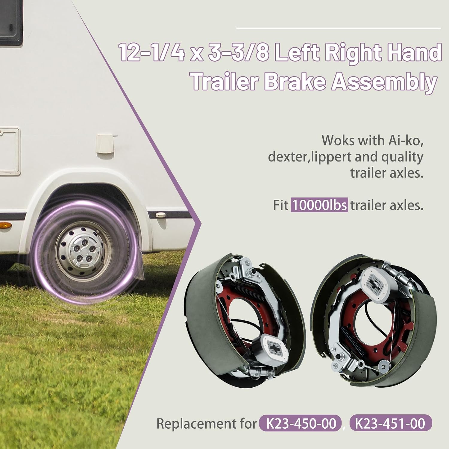 12-1/4" x 3-3/8" Electric Trailer Brakes Assembles, Self Adjusting Trailer Brake Kit for 10,000lbs Axles, 2 x Left Side, 2 x Right Side Replace K023-450-00, K023-451-00