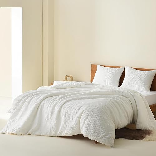 Miniatura 2 de Comfort Spaces Juego de funda de edredón blanca tamaño Queen, 3 piezas, transpirable, con textura de gofre, funda de edredón y funda de edredón