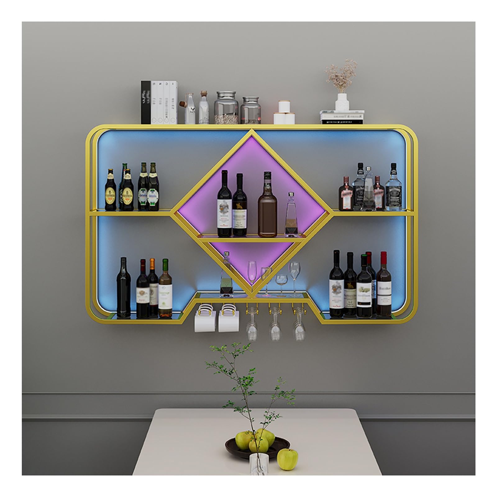 Casier à vin flottant avec éclairage LED intégré et porte-verres or