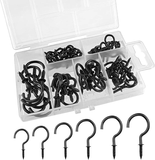 ASTARON 75 Pcs Multi-Size Metal Ceiling Hooks Nickel Plated Hooks Screw-in Cup Hook Holder, Black