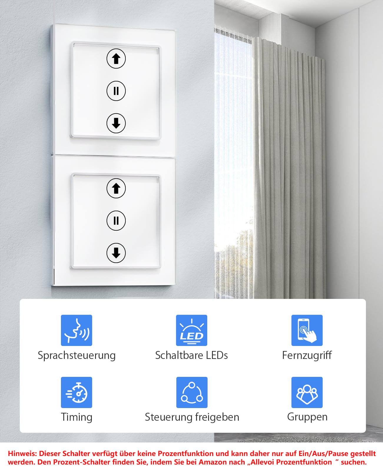 Smart Rolladenschalter, Wlan Jalousie Schalter mit schaltbaren LEDs, Kompatibel mit Amazon Alexa/Google Assistant, Neutralleiter erforderlich 80x80 mm